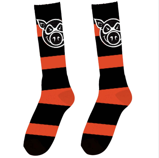 Pig Wheels Pig Head Striped Tall Socks Black/Red